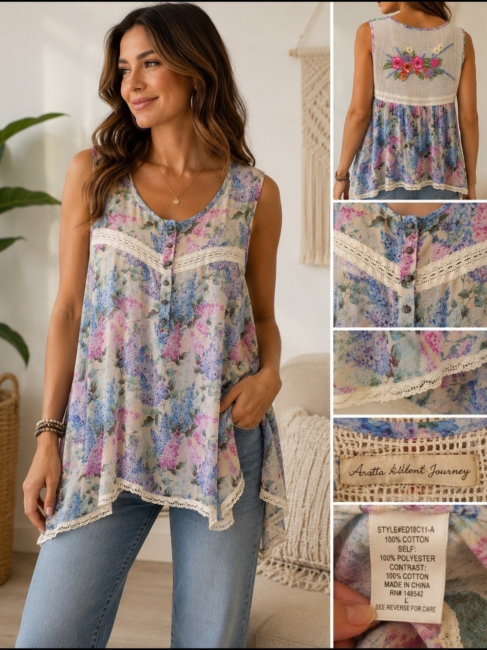 Aratta Silent Journey Sleeveless Floral Embroidered Blouse Large Boho Vintage